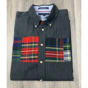 Tommy Hilfiger Washed Gray Plaid Patchwork Button Down Mens‎ L 100% Cotton NWT